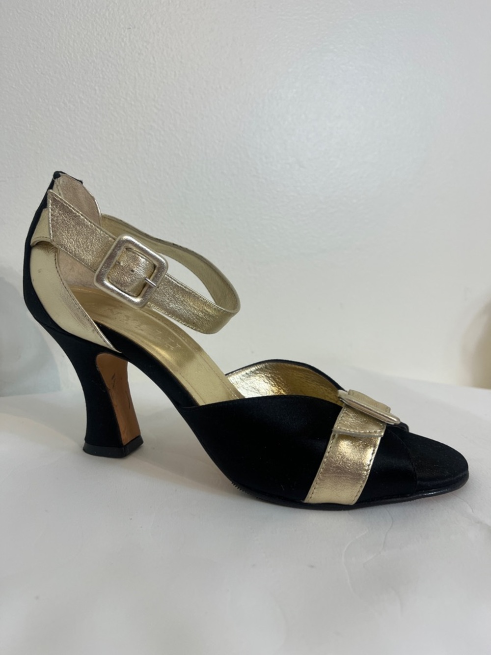 Anyi Lu Gold & Black Open Toe Heels